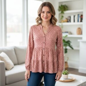 Wonderly Pink Leopard Print Tiered Button Front Tunic Top Size M